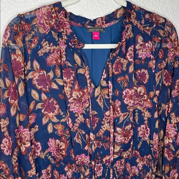 Vince Camuto Womens 3/4 Puff Sleeve Tie Neck Maxi Dress Floral Size L - Picture 3 of 10